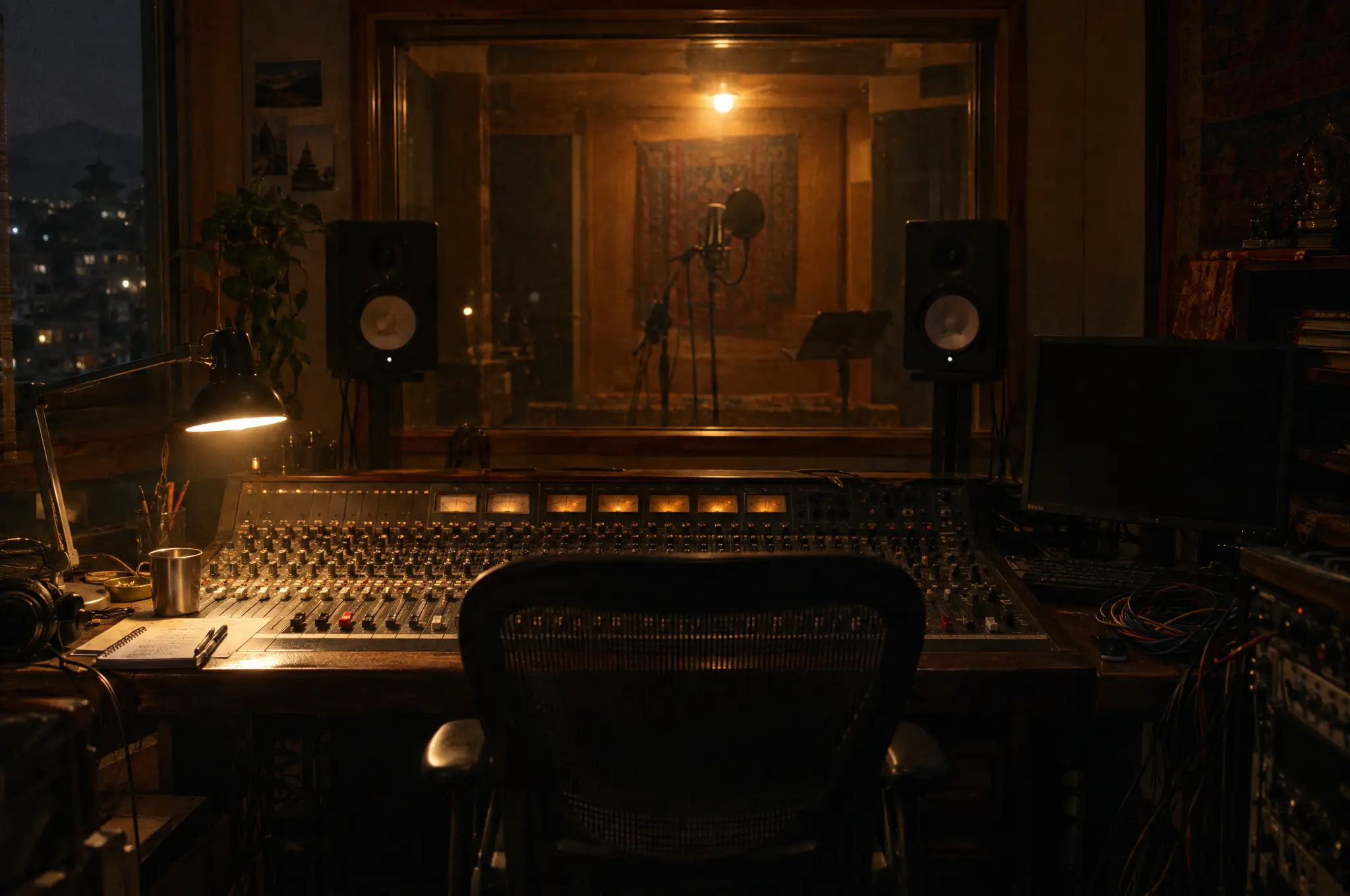 A recording studio control room at night